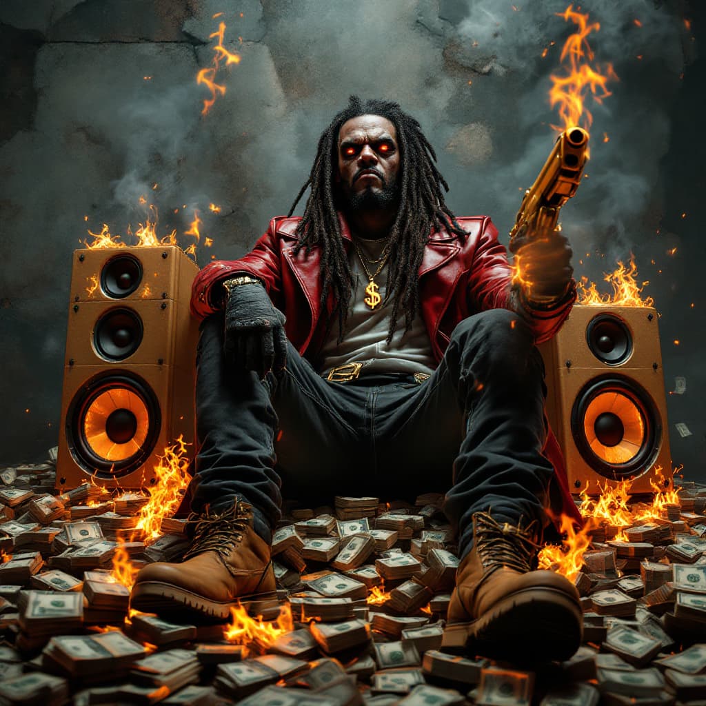 AI generated: a crazy african american character with a sinister looking facial features, long dreadlocks, red lea...