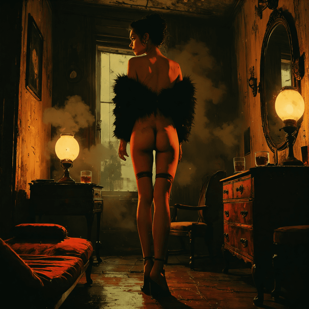 AI generated: (Full-body shot, fine art noir photography, 1950s–1960s vintage setting, cinematic chiaroscuro light...
