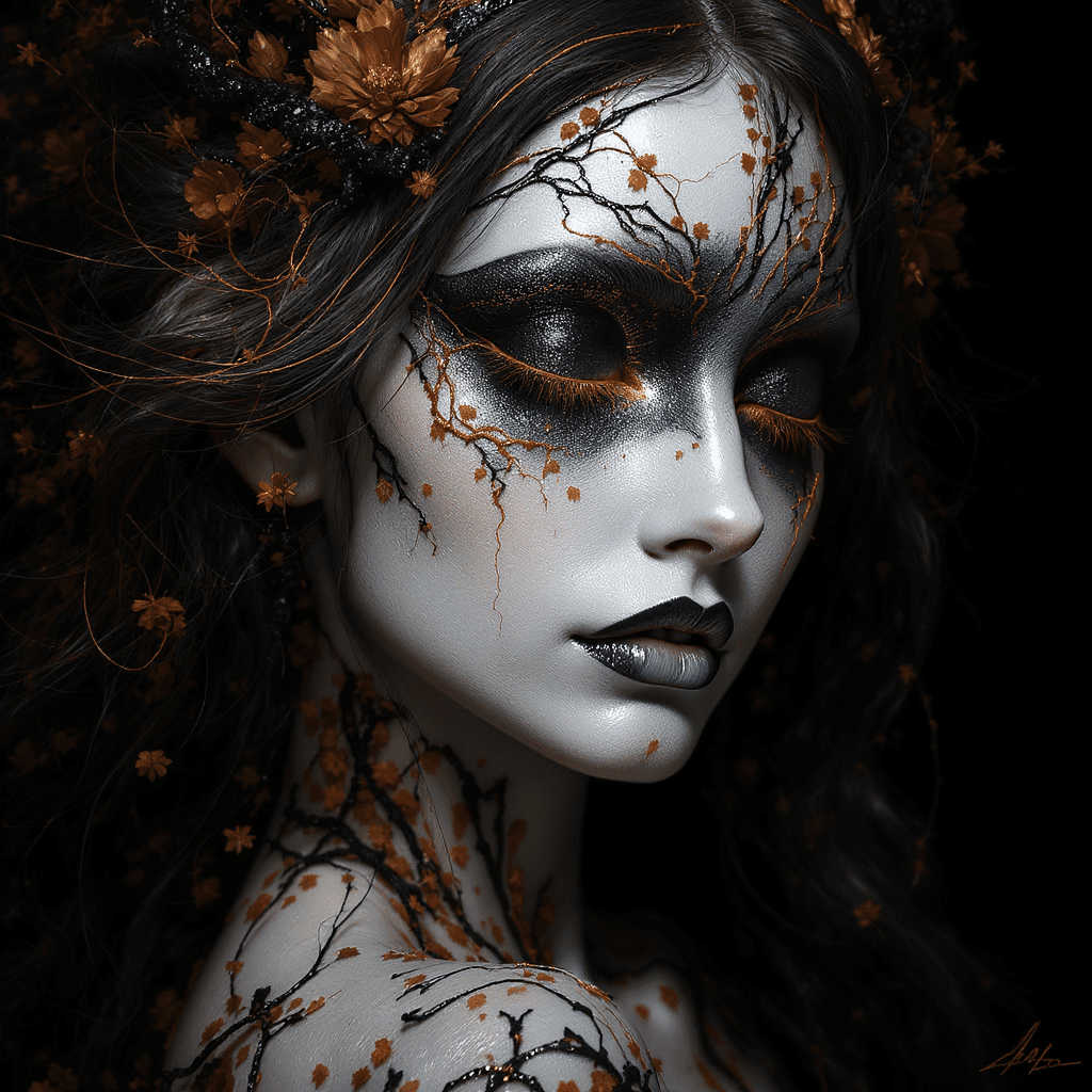 AI generated: close-up portrait of an ethereal woman, porcelain skin with soft black and orange tones, orange high...