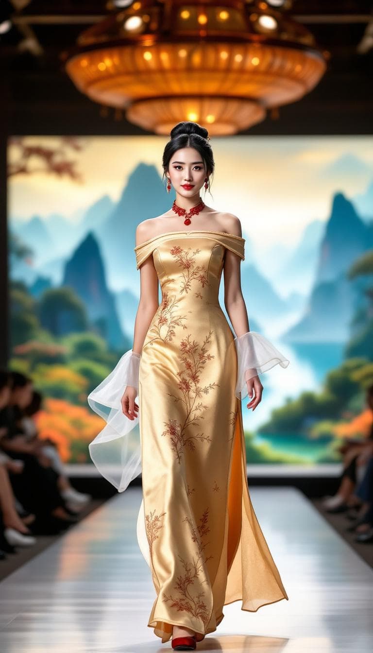 AI generated: A beautiful Chinese model, with a black bun, wearing a stunning traditional Chinese golden cheongsam...