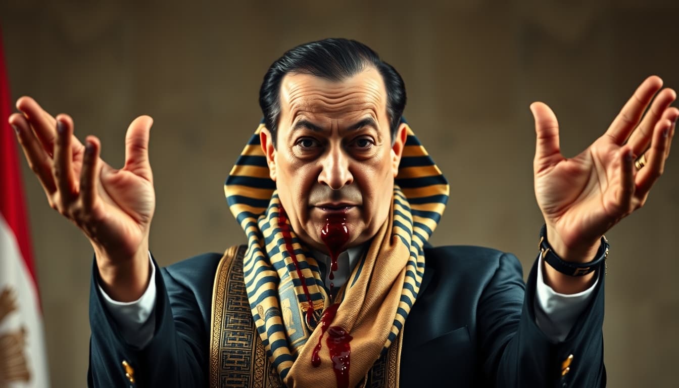 AI generated: Generate a photo for president al-sisi Egypt president, he is wearing like the pharaohs rulers, he i...
