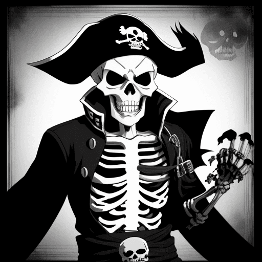 AI generated: Skeleton pirate, anime, black and white