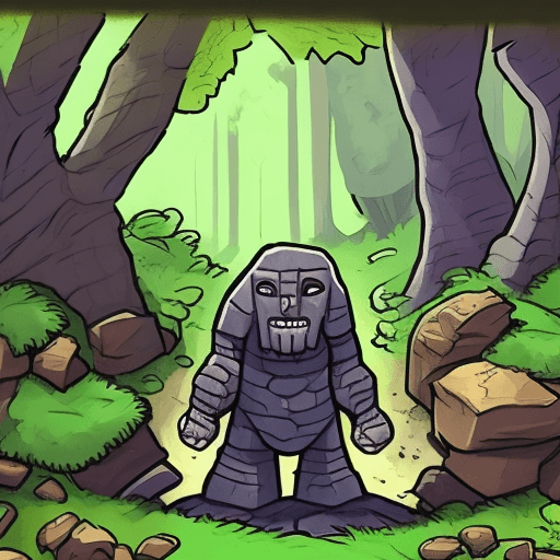 AI generated: illustration of a stone Golem in the forest, comic style, marvelsnap, Hearthstone