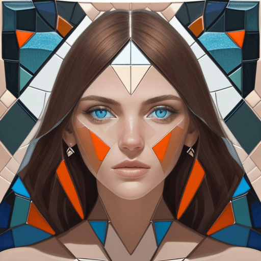 AI generated: A close-up portrait of a woman's face in a mosaic collage style. The woman is facing forward symmetr...