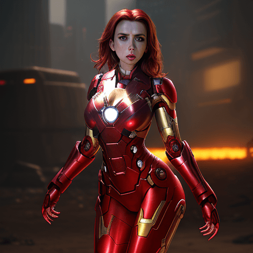 AI generated: Trisha Hershberger, ((wearing an iron man bikini)), metallic red and gold, (((in a sexy pose))), set...