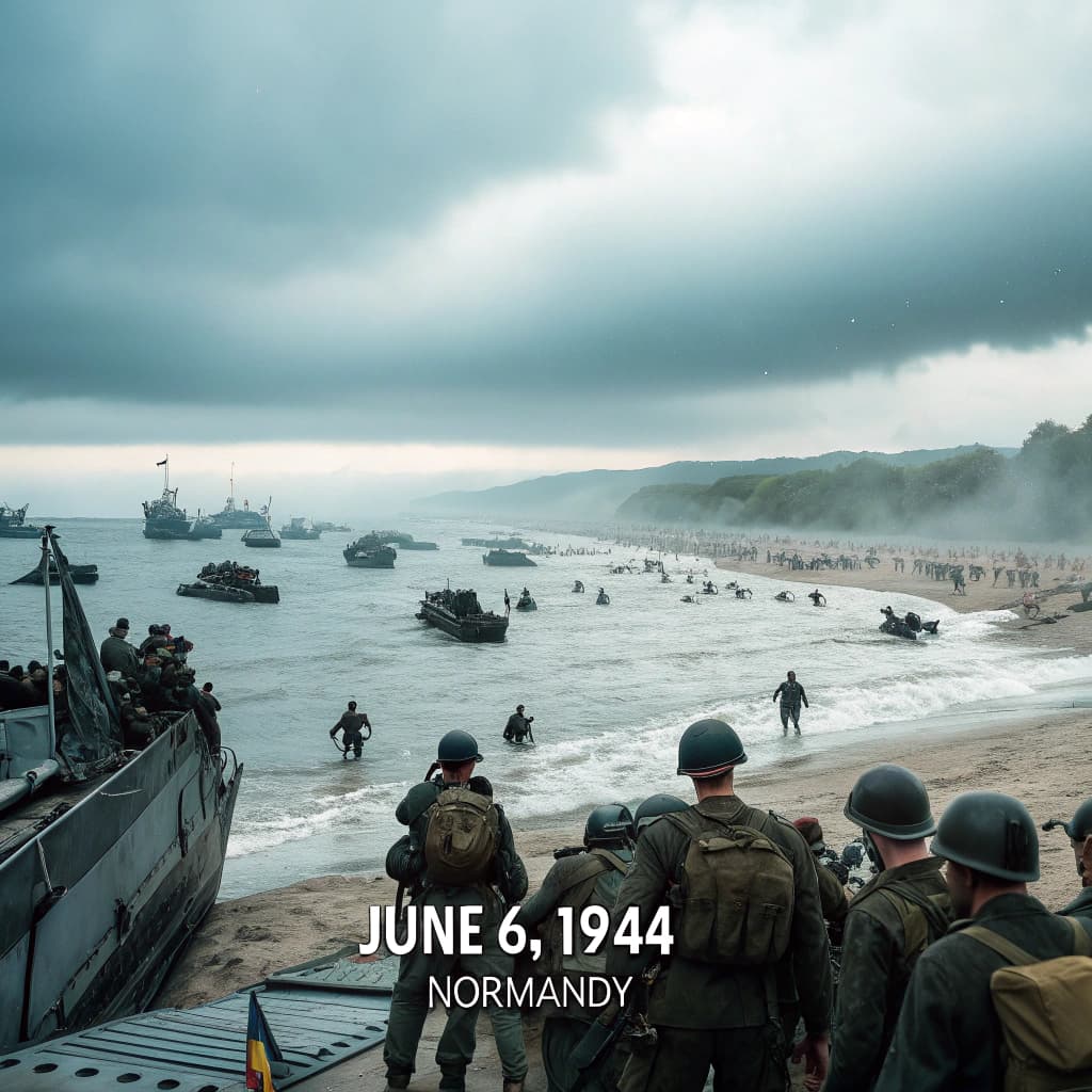 AI generated: Create a dynamic, cinematic landscape image of D-Day. Bottom-centered text that reads: "June 6, 1944...