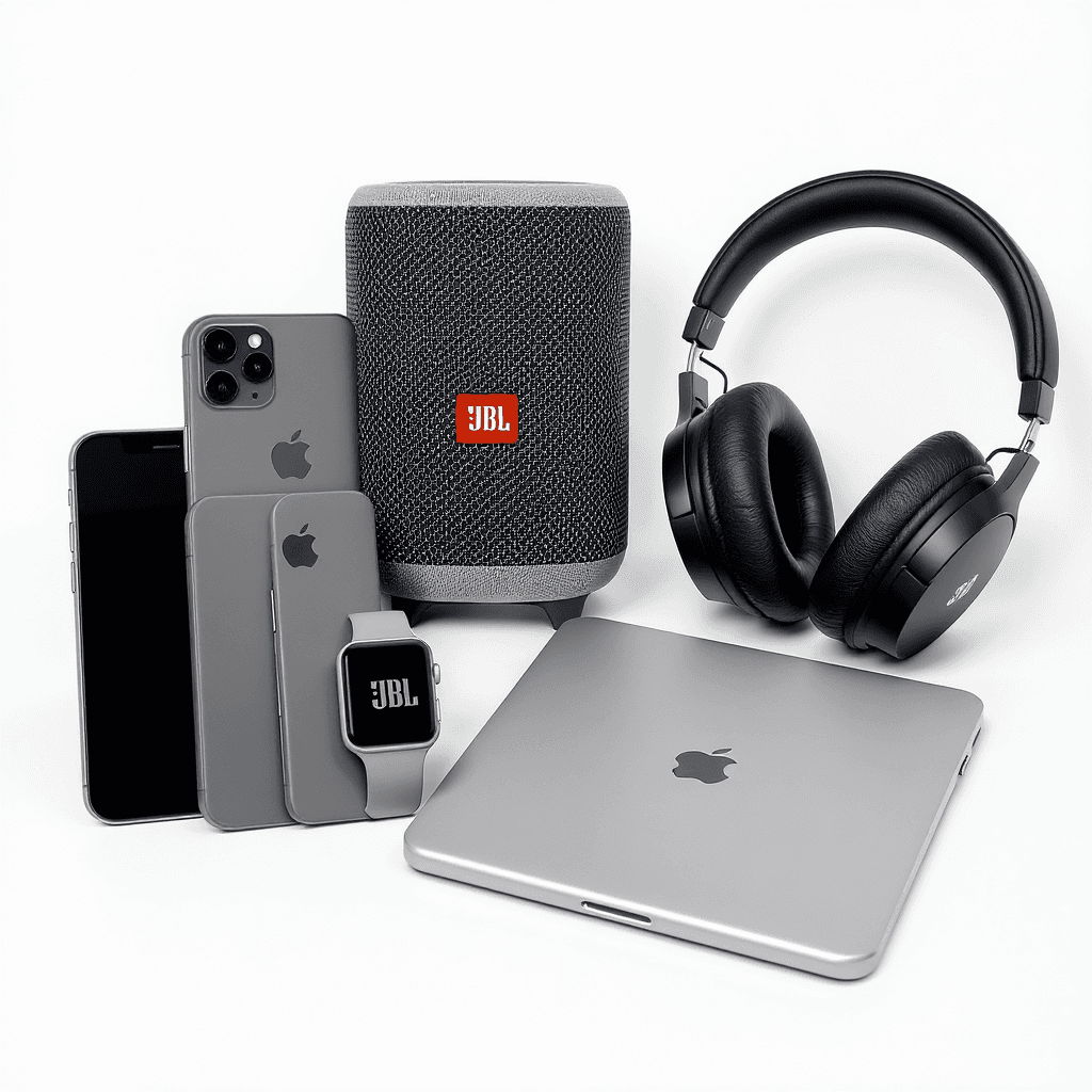 AI generated: create a design with different gadgets together ,iphones, google pixels, jbl speaker, ps 5, pad  hea...