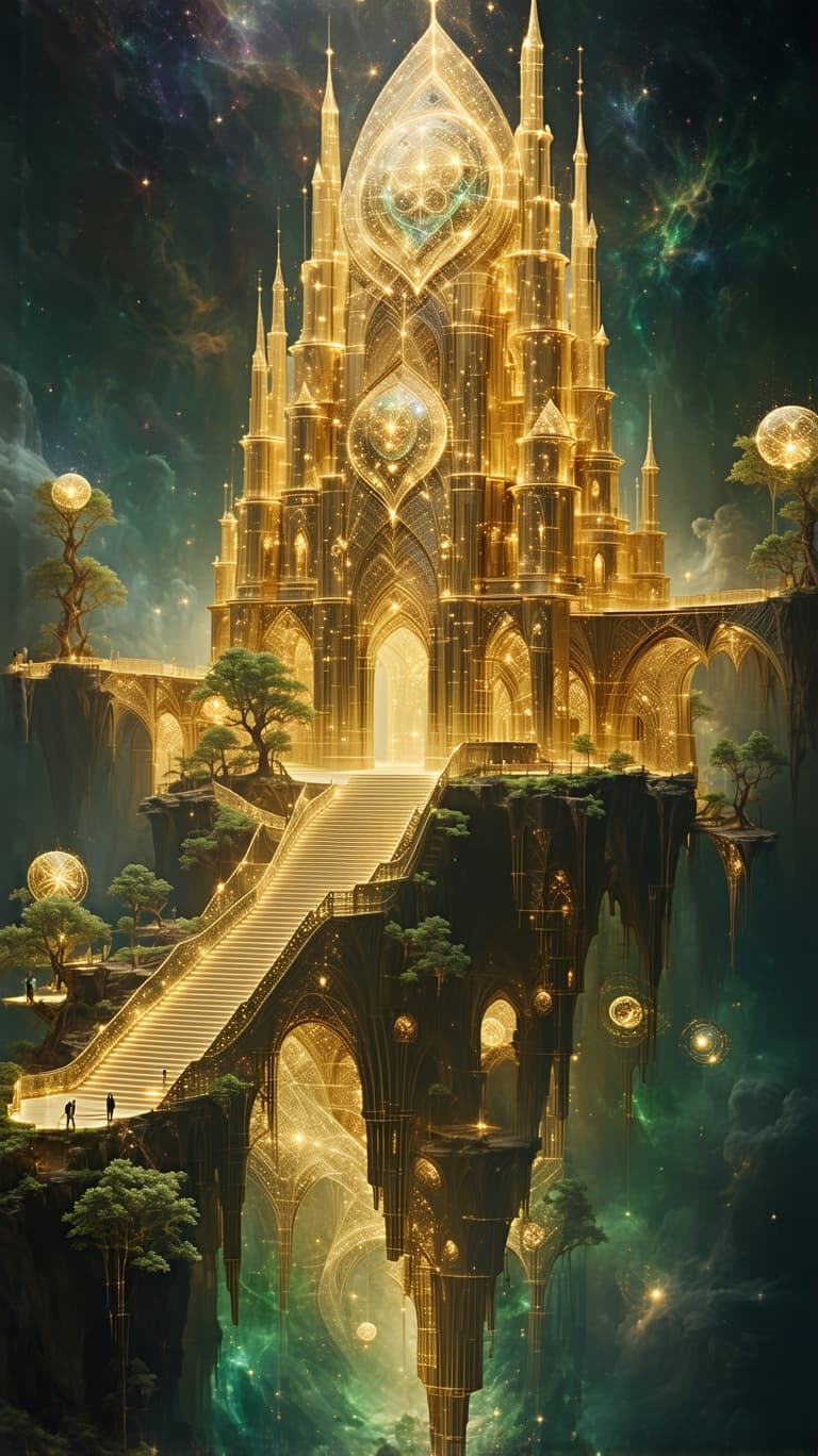 AI generated: A floating golden citadel, its towers formed from crystalline light, stands suspended in the cosmos....