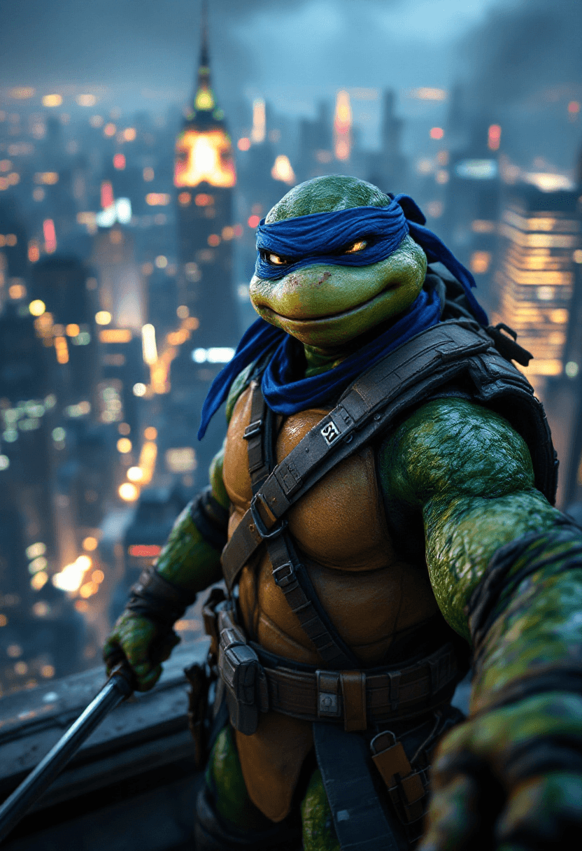 AI generated: Full-body selfie-style portrait of a realistic humanoid ninja turtle resembling Leonardo from TMNT, ...