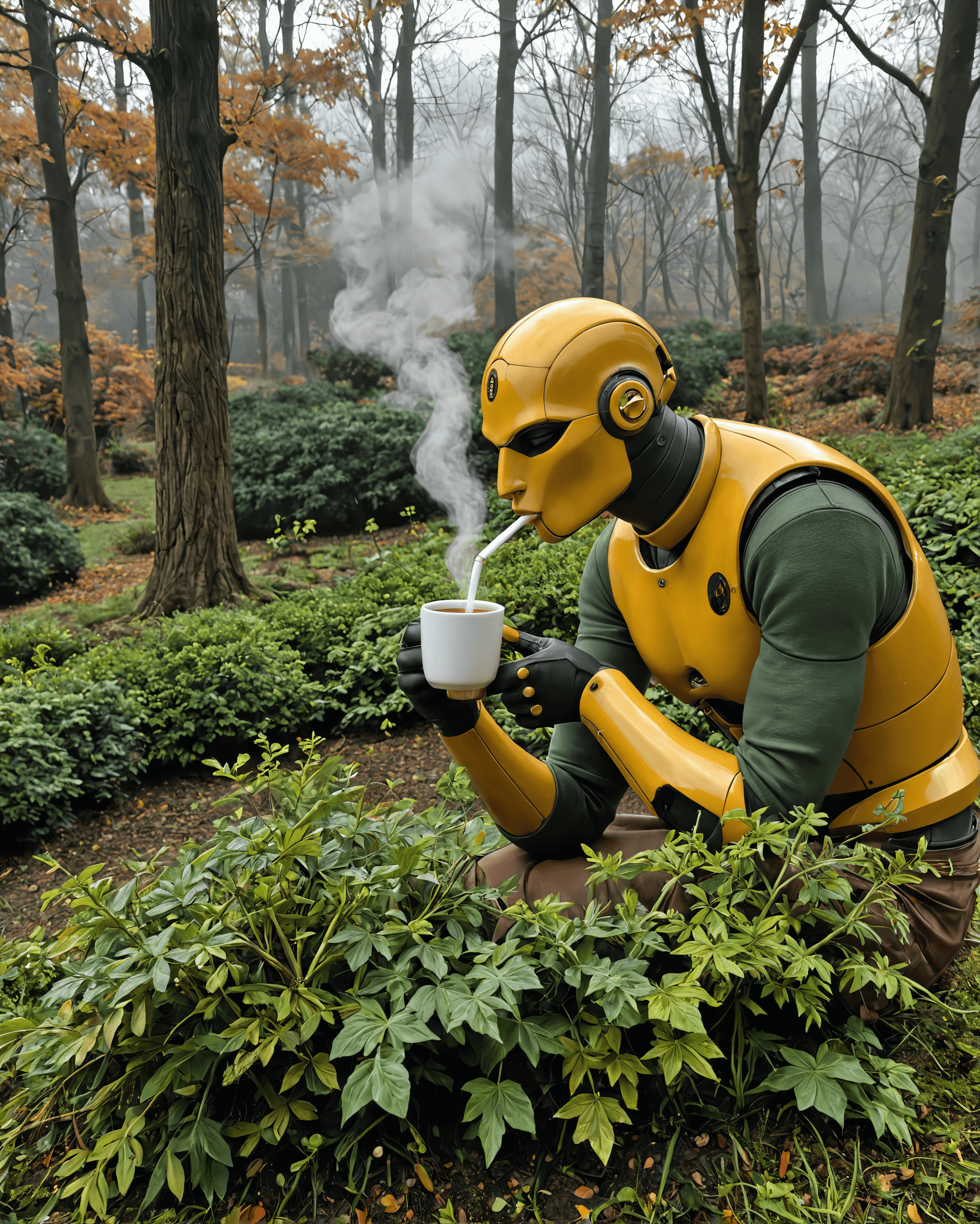 AI generated: Golden robot drinking tea in a foggy garden, moss-covered limbs, gentle breeze, autumn hues, quiet m...