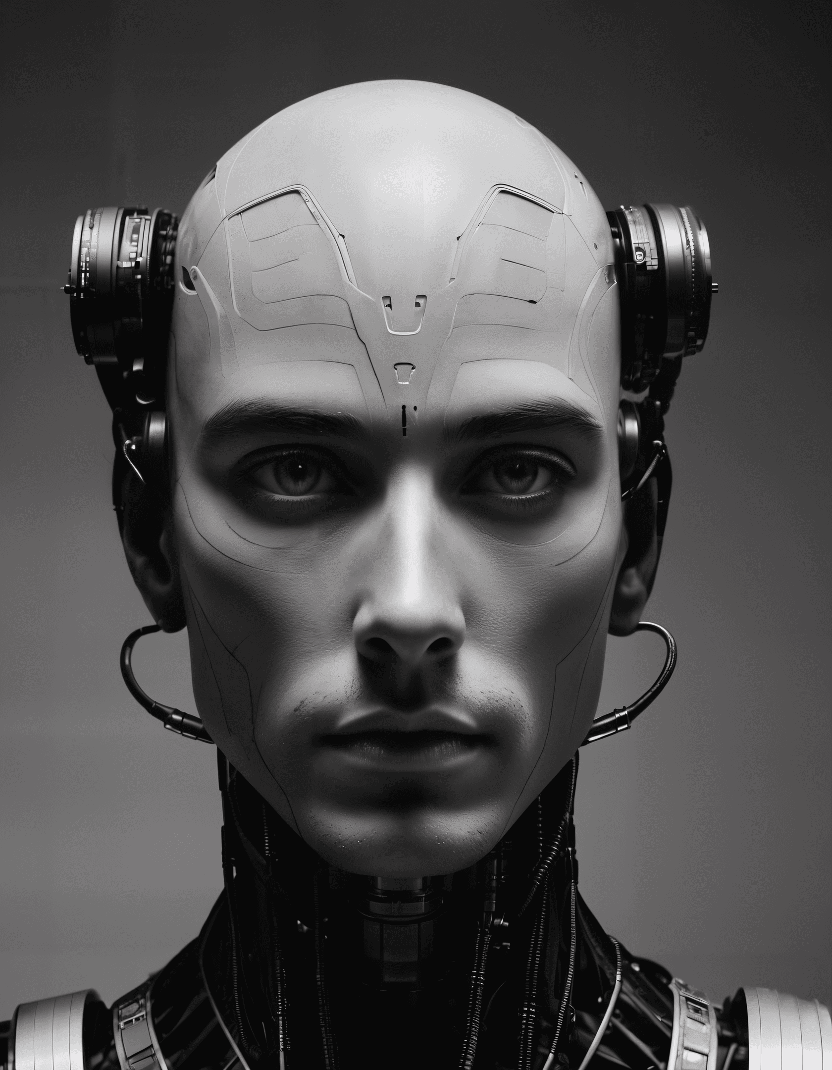 AI generated: B&W Photo , Male A.I. inspired by SHODAN from System Shock, full body, detailed symmetrical face, re...