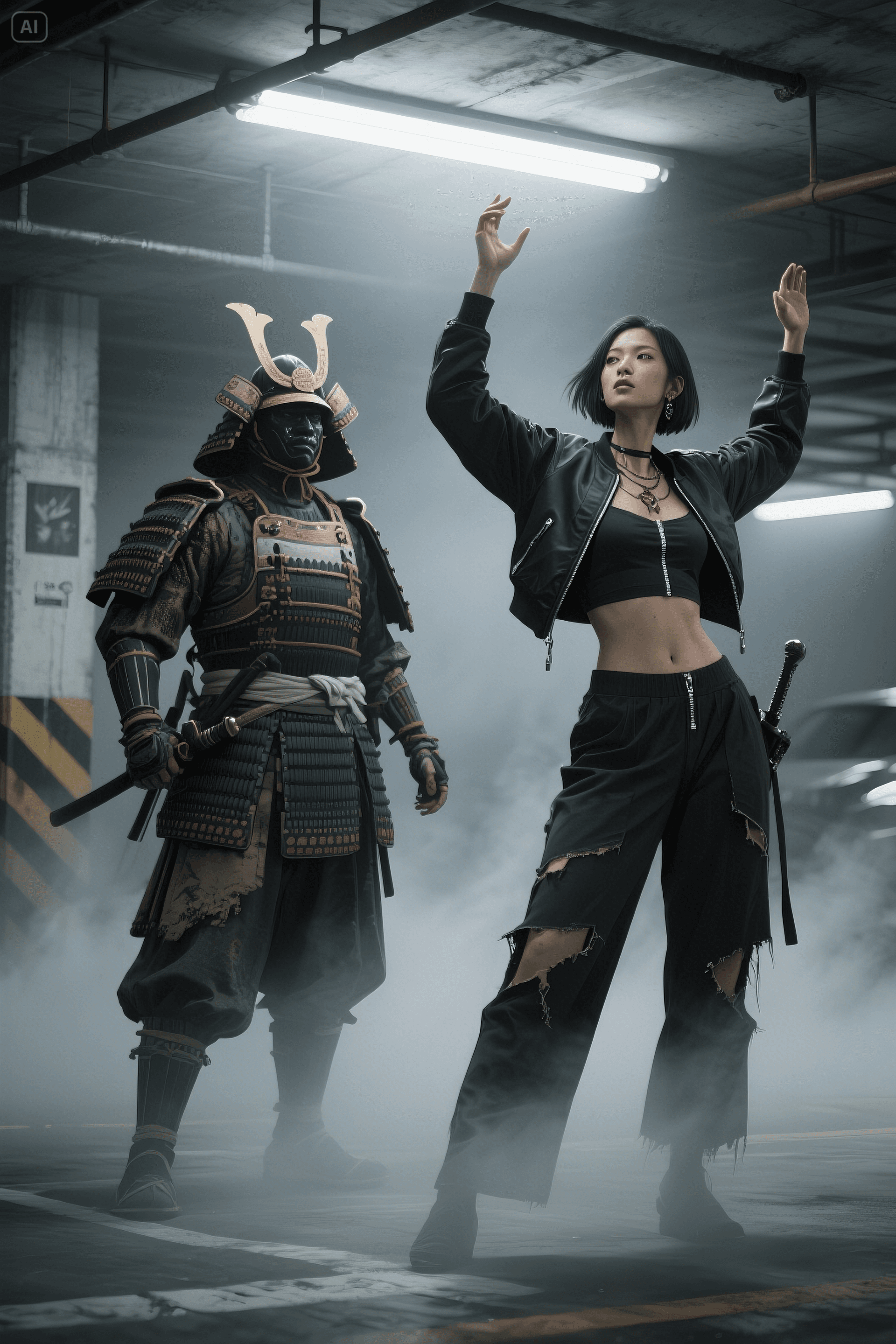 AI generated: A 12th-century samurai, rendered in Yoji Shinkawa’s ink-washed style with hyperrealistic depth. Volu...