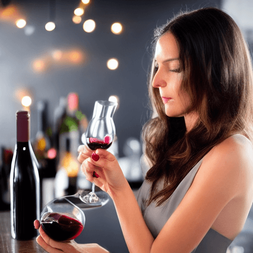 AI generated: Professional photo of a woman drinking red wine at a bar, captured in a high-end camera, low-light e...