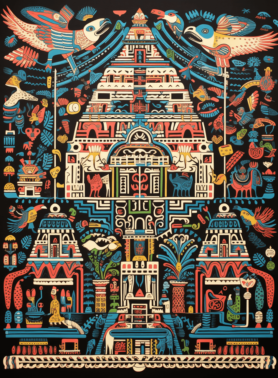AI generated: In the style of intricate woodcut prints, a colorful, symmetrical composition. A huge building with ...