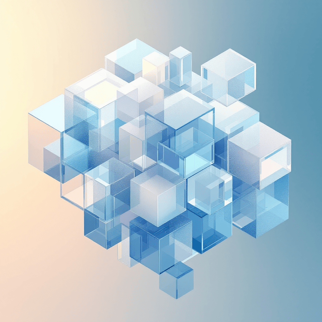 AI generated: Abstract geometric art, a cluster of translucent cubes in shades of icy blue, soft white, and warm b...