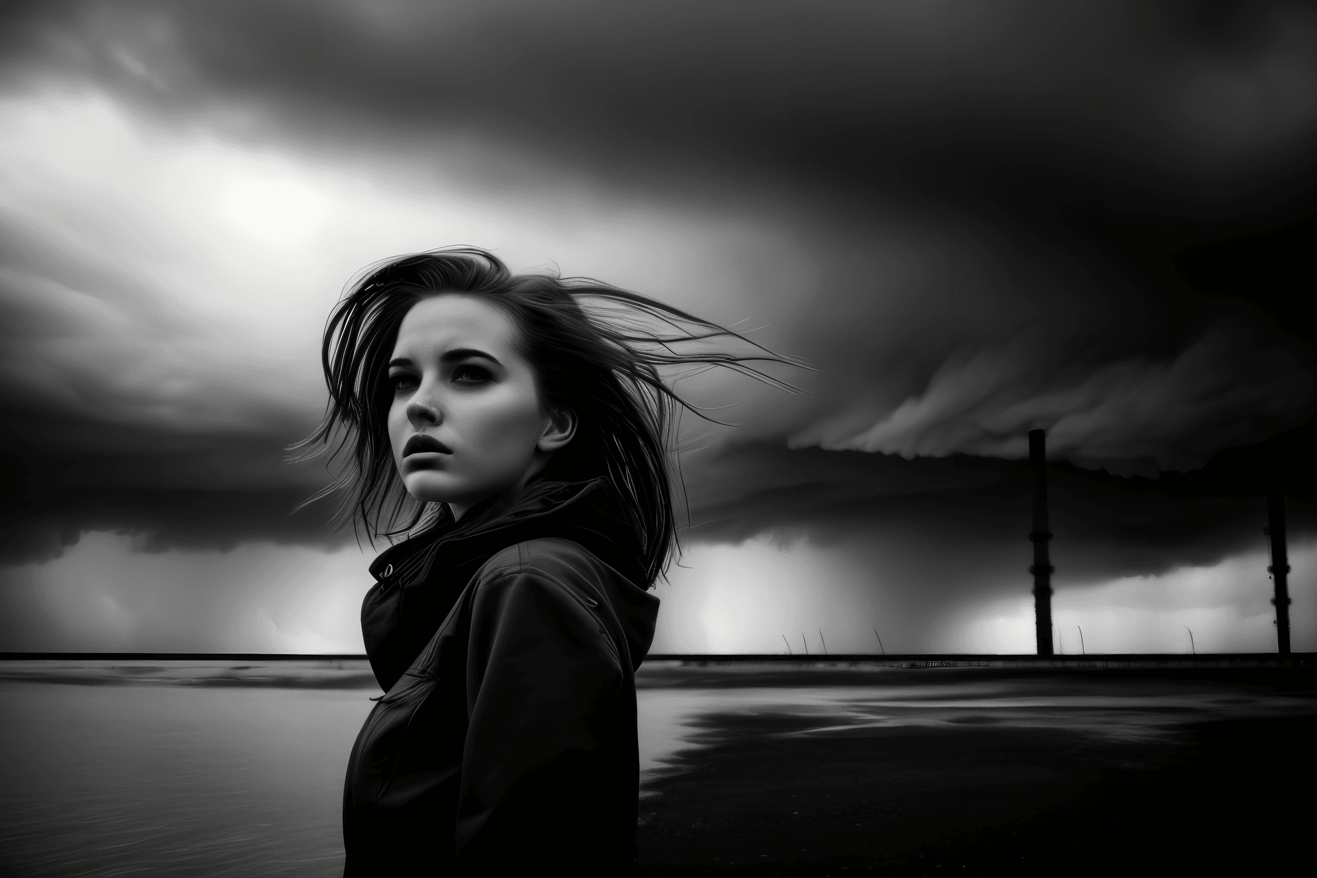 AI generated: (black and white:1.2) art photo, stunning girl, looking side, windy hair, water, apocalyptic industr...
