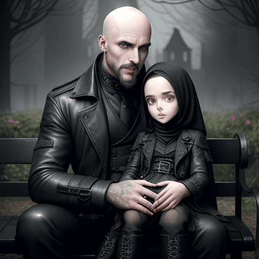 AI generated: Bald dad, scarred-forehead, very detailed goatee, very detailed eyes, black leather trench coat is s...