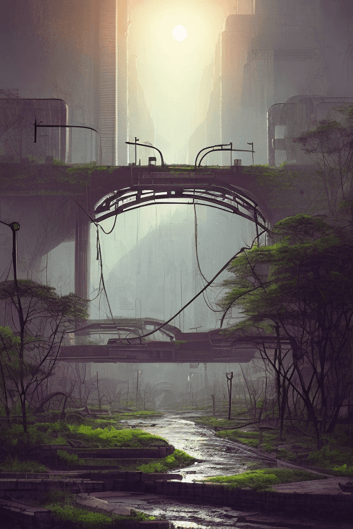 AI generated: rocky overgrown river canal in ruined apocalyptic sci-fi city, temples, sci-fi military ship,  flore...