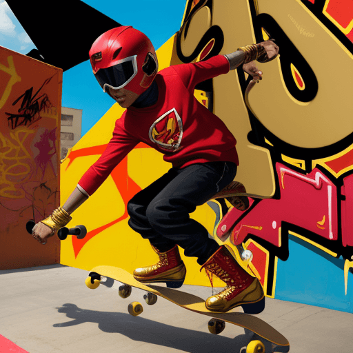 AI generated: 

Panel 5 
a red suited superhero, brown skin boy with a power ranger helmet baseball cap backwards,...