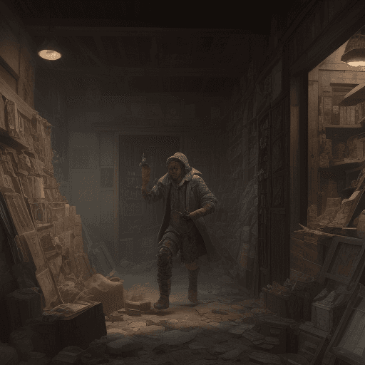 AI generated: A high resolution image of a rebel in tattered clothes looting a fantasy shop 4k 6fps