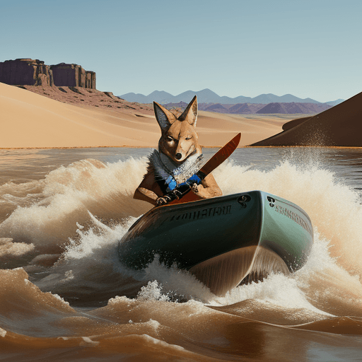AI generated: Photo of cypherpunk coyote maneuvering a canoe down a roaring river in the Arizone desert