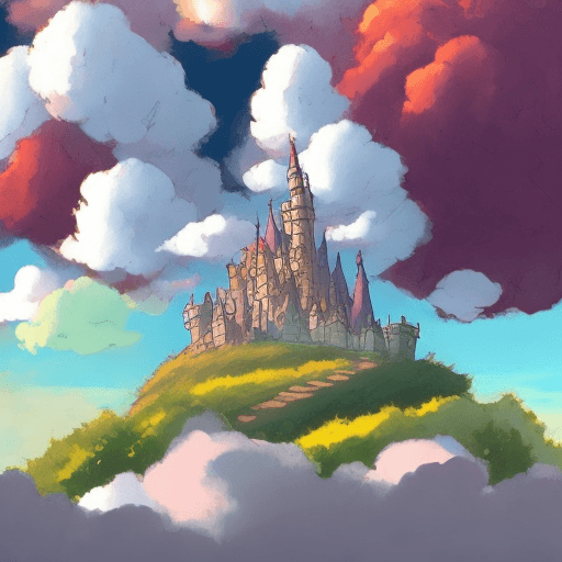 AI generated: close up of a castle in the clouds, cool tones, colorful, howl’s moving castle, anime, simplified, c...