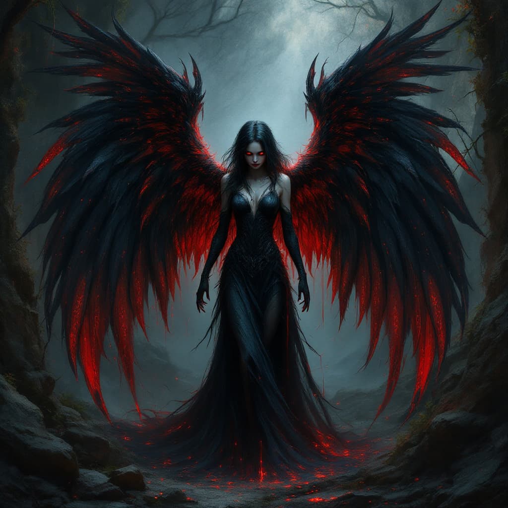 AI generated: A fallen angel enshrouded in darkness, her wings a blend of black and red, exuding a mystical aura, ...