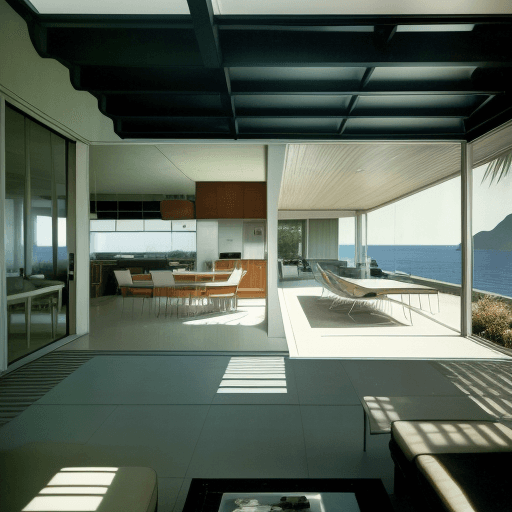 AI generated: Hyper realistic eye level exterior photo of a mid century modern style house overlooking the ocean, ...
