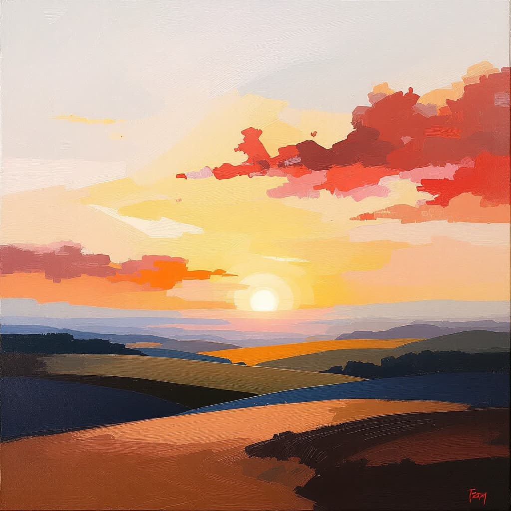 AI generated: "An abstract oil painting capturing the essence of a sunset over the countryside. The composition is...