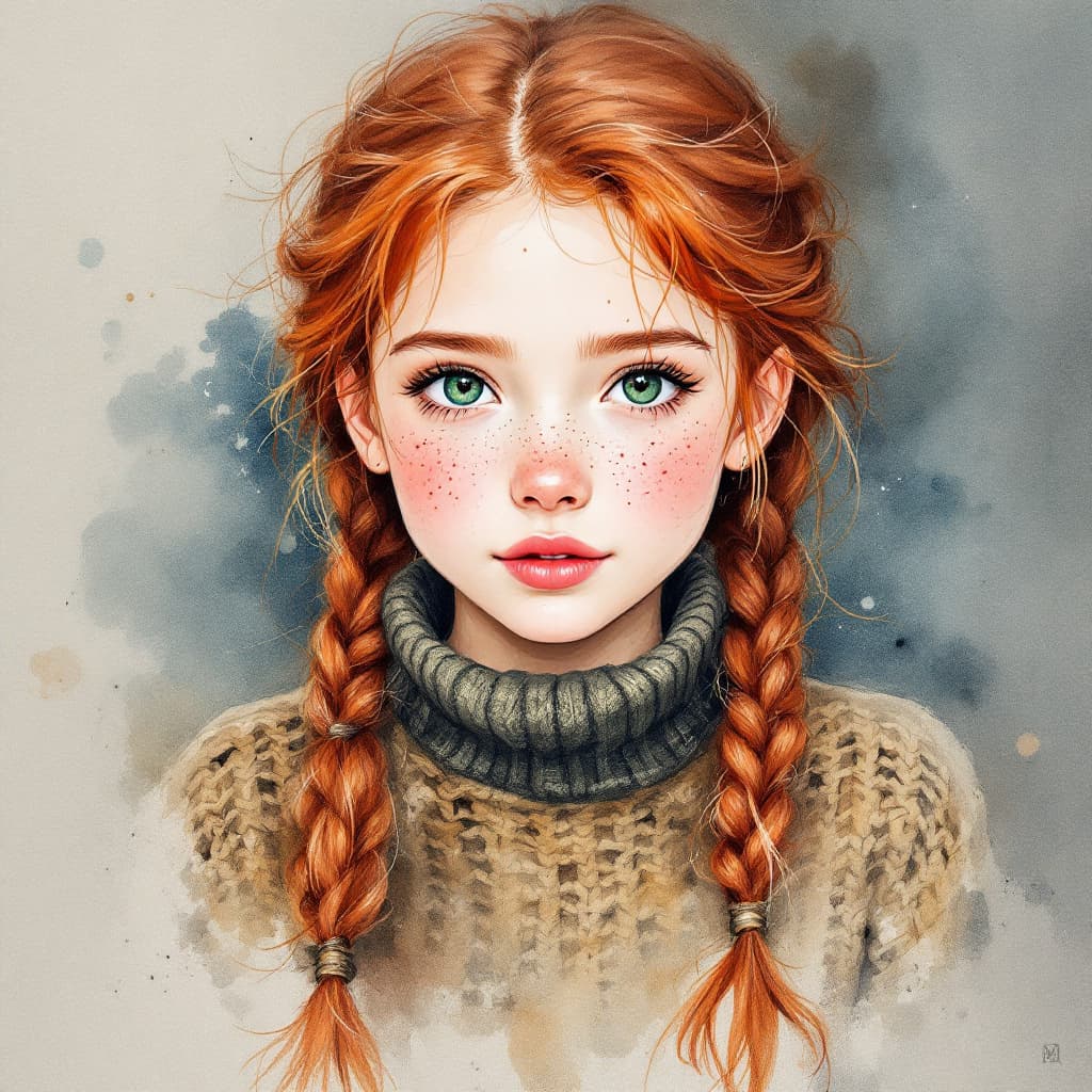 AI generated: water color painting portrait of a young asian girl with braided red hair, freckles, and piercing gr...