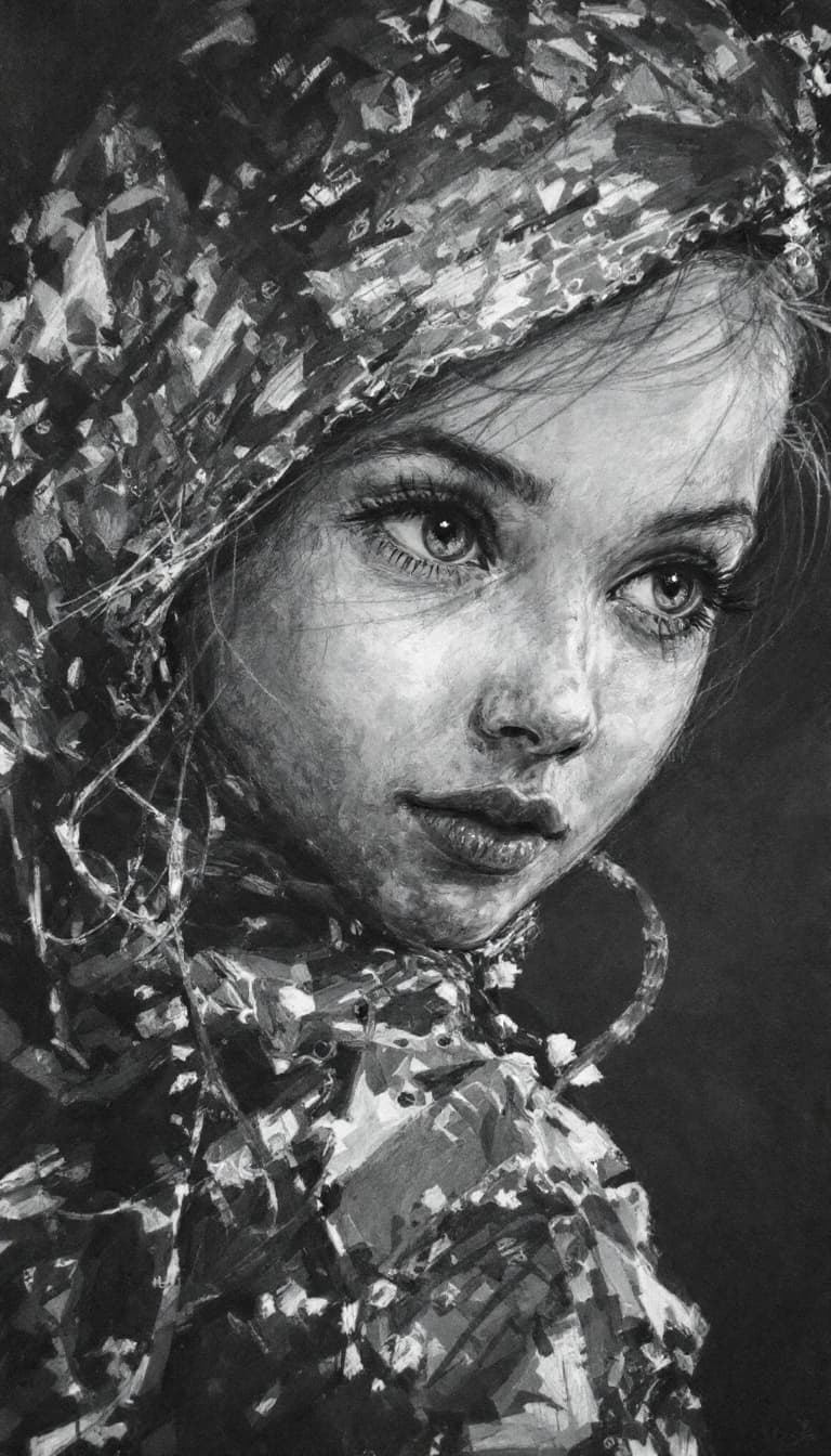 AI generated: Girl, charcoal sketch, wondering, 