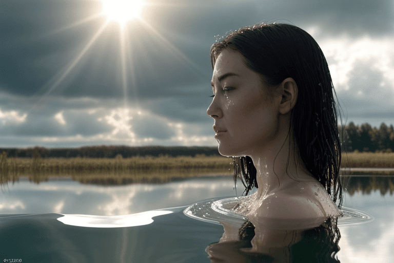 AI generated: Editorial, Closeup: (Woman made of water rising from pond: 2. 0), profile view, closeup+, fluid dyna...