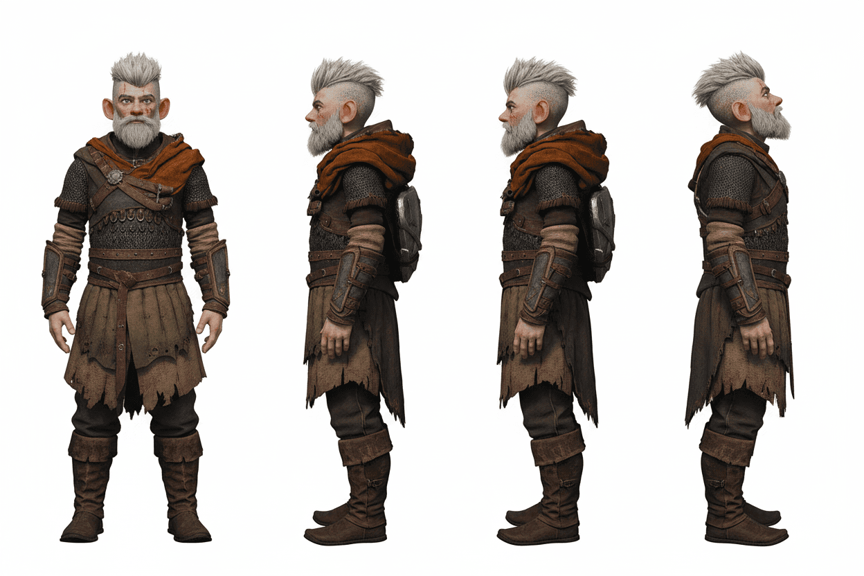 AI generated: Four full-length profiles of a gender-neutral young man, wearing leather shoes and realistic Nordic ...