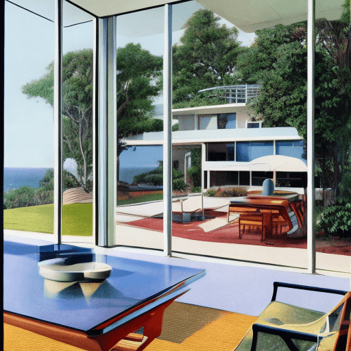 AI generated: Hyper realistic eye level exterior photo of a mid century modern style house overlooking the ocean, ...
