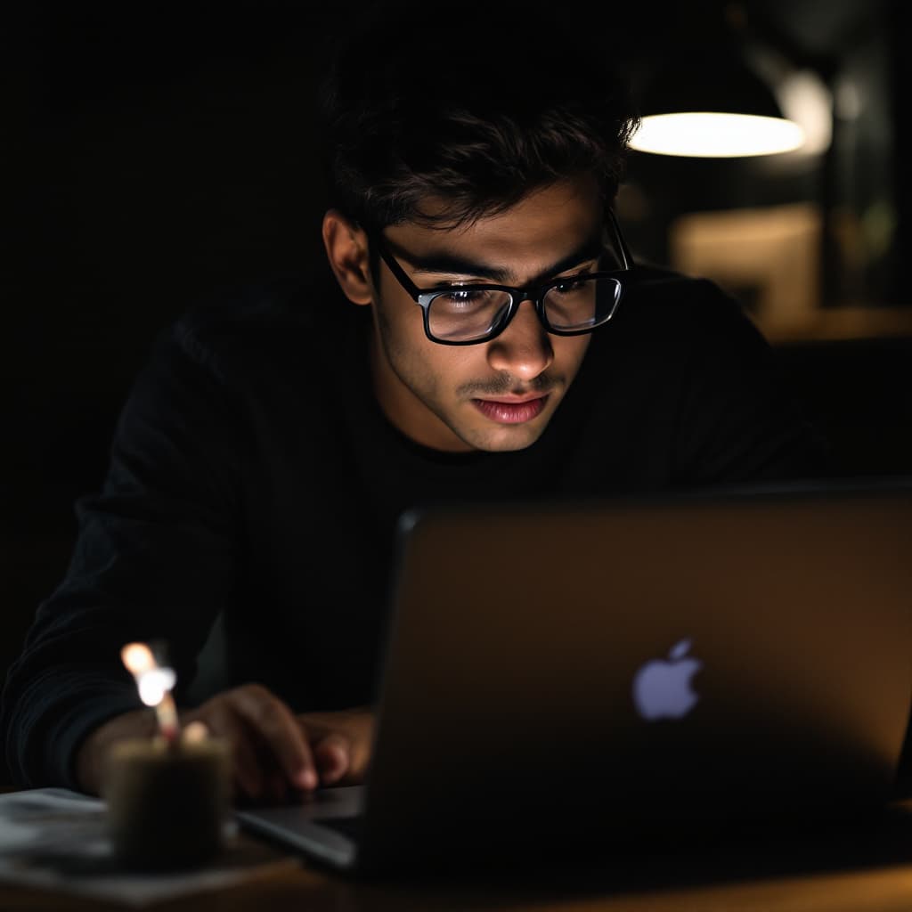 AI generated: Hyper realistic Indian boy of age 20, bright intelligent wear spectacles black frame in a dark envir...