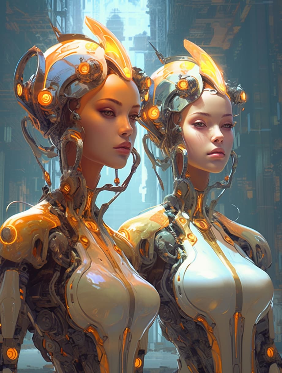AI generated: Girls robots dressed in bright and flashy outfits reminiscent of Japanese anime, in a futuristic-cyb...