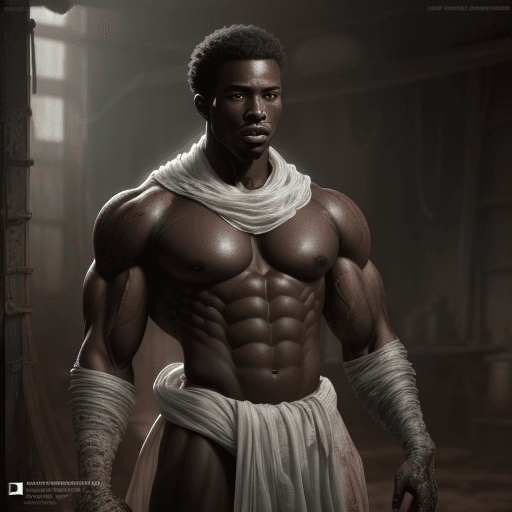 AI generated: Mysterious young black man wrapped in old dirty cloth, wide angle, ((detailed environment)), muscula...