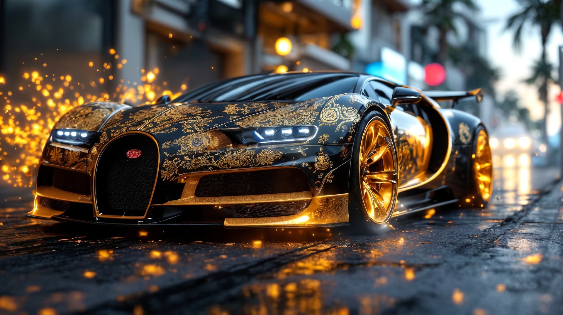 AI generated: perfect Bugatti veyron, the car body is painted with khokhloma gold and black Russian folk art style...