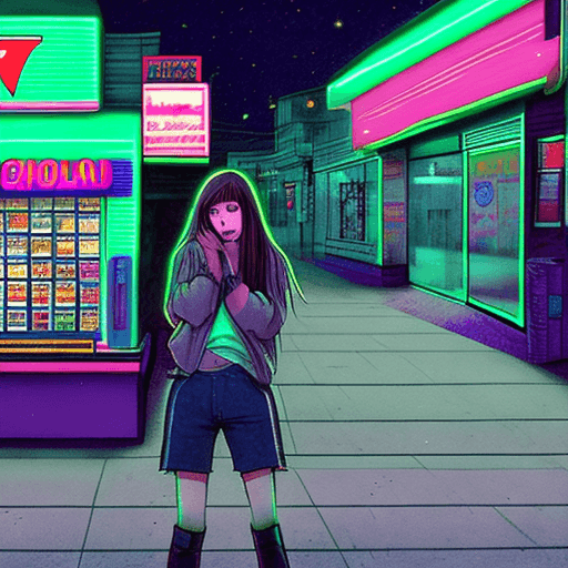 AI generated: A young college girlfriend, adorned in casual grunge attire, standing in front of a brightly lit 7/1...