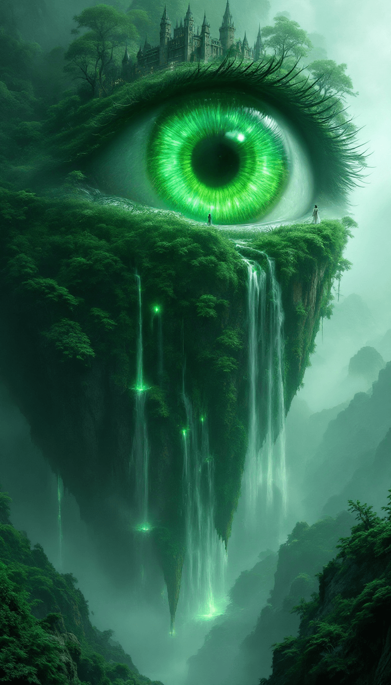 AI generated: A surreal fantasy landscape where a massive green eye forms the heart of a floating island. The iris...