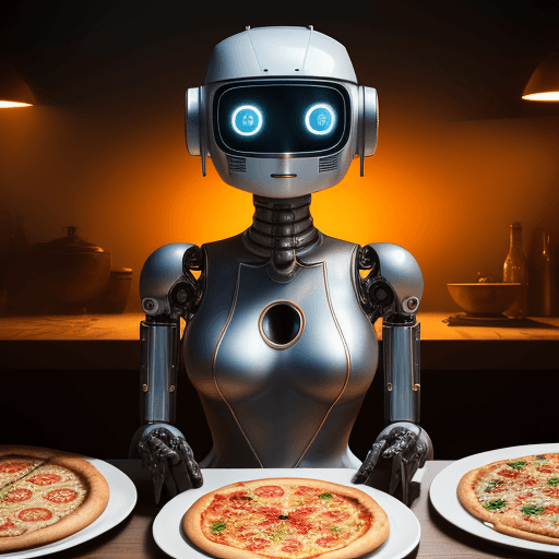 AI generated:  Cuisine, A robot wears a dress made of pizza as she lays on a table, rich deep colors, intricate ar...