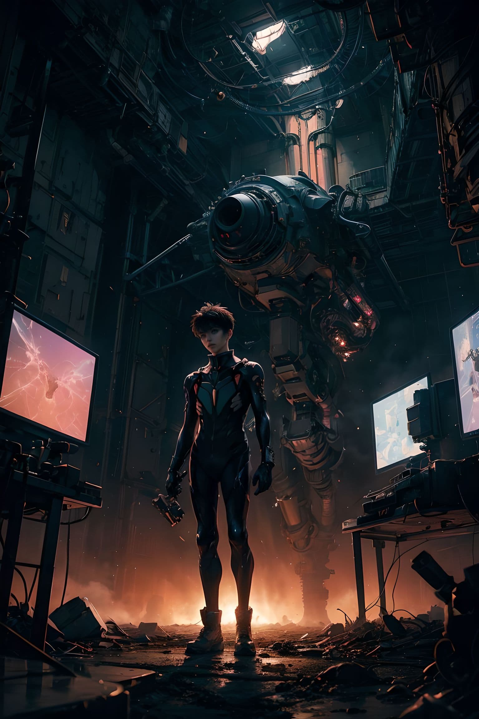 AI generated: ((Evangelion: Shinji Ikari),Plug Suit),Sprawling underground landscapes,A large circular platform re...