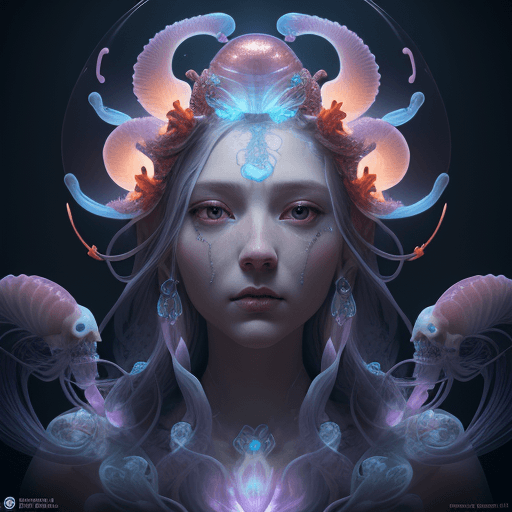 AI generated: Goddess close-up portrait ribcagel. jellyfish phoenix head, nautilus, orchid, skull, betta fish, bio...