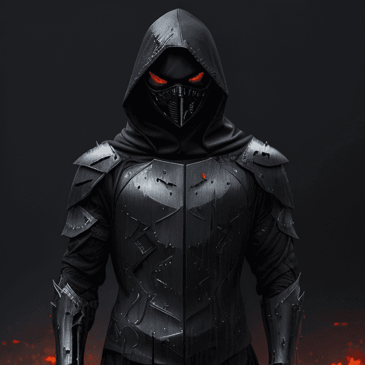 AI generated: masked man, dark torn hood, dark rainy foggy night, intricate dark and chrome battle damaged armor, ...