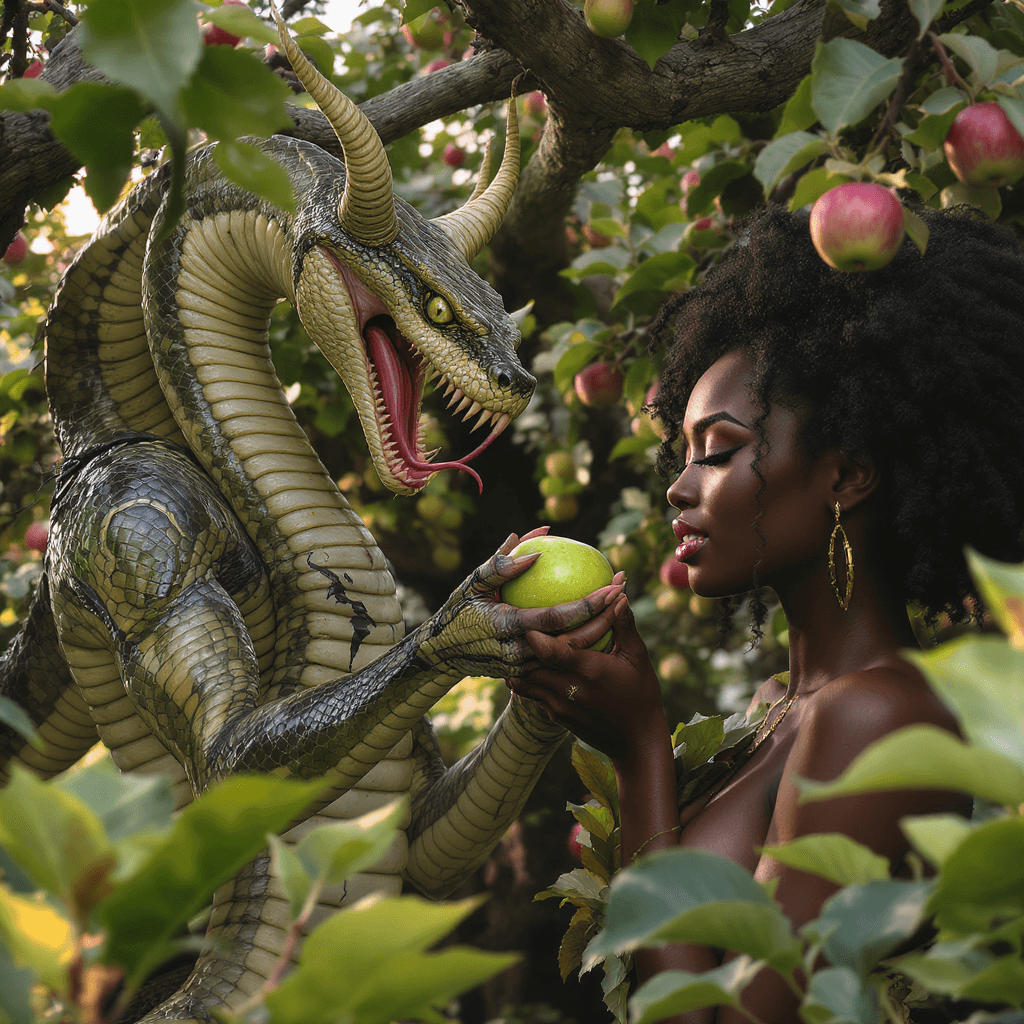 AI generated: (film grain), ultrarealistic 4k, photoart_style, (a snake humanioid demon and a beautiful black Afri...