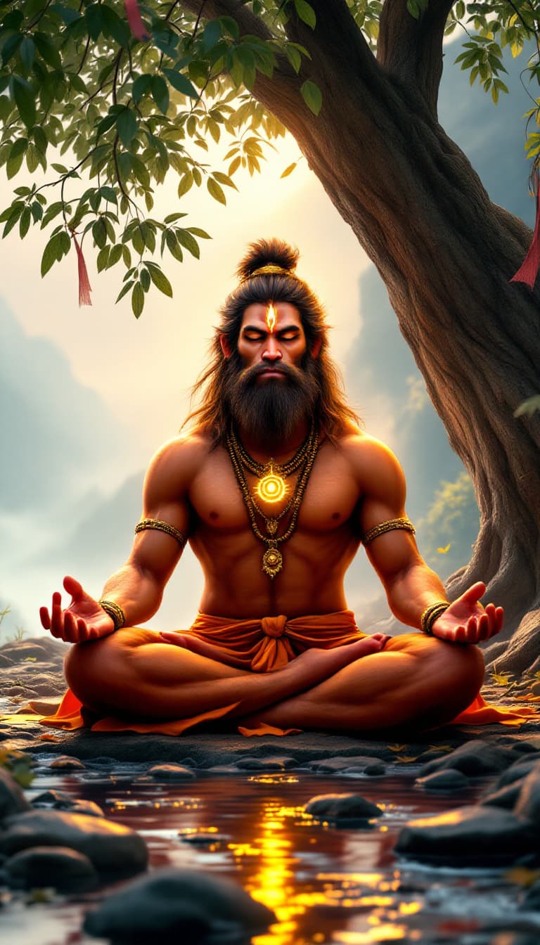 AI generated: "Produce an ultra-realistic image of Lord Hanuman meditating under a towering peepal tree in a misty...