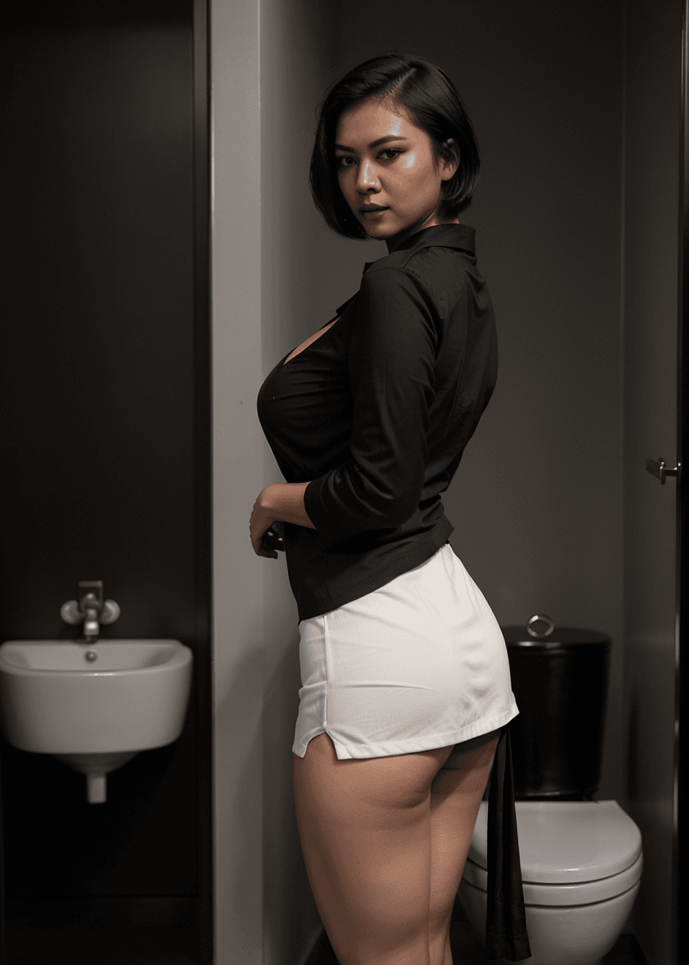 AI generated: asian sexy woman standing in front of (dark:1.3) toilet room. she has short hair, (red:1.1) eyeshado...