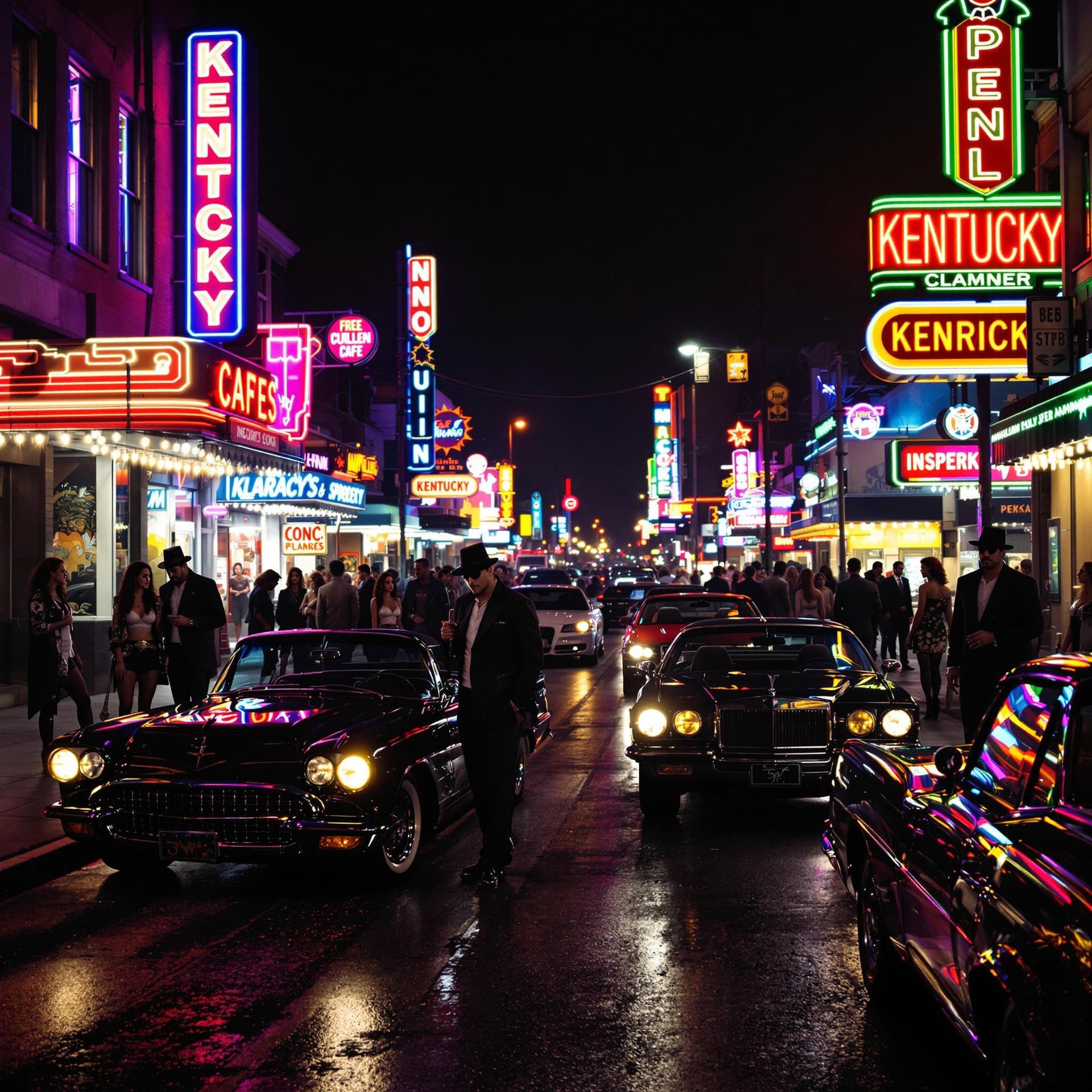 AI generated: 1.  Neon-lit Kentucky mainstreet, pimps and ladies strolling, luxury cars gleaming, night ambiance, ...