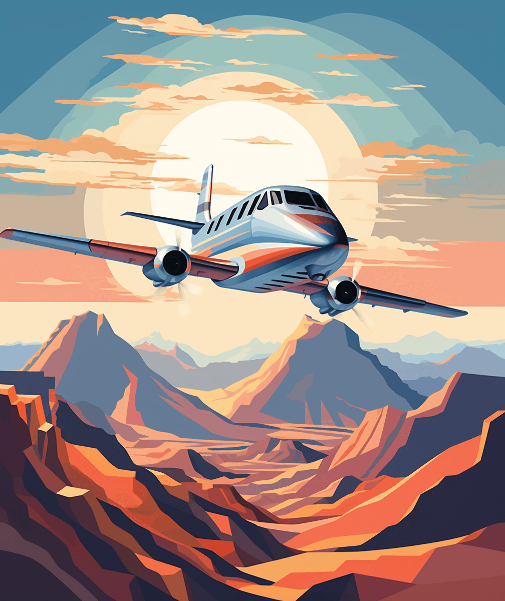 AI generated: this is an illustration of a plane that flies over a mountain, in the style of thomas blackshear, ne...