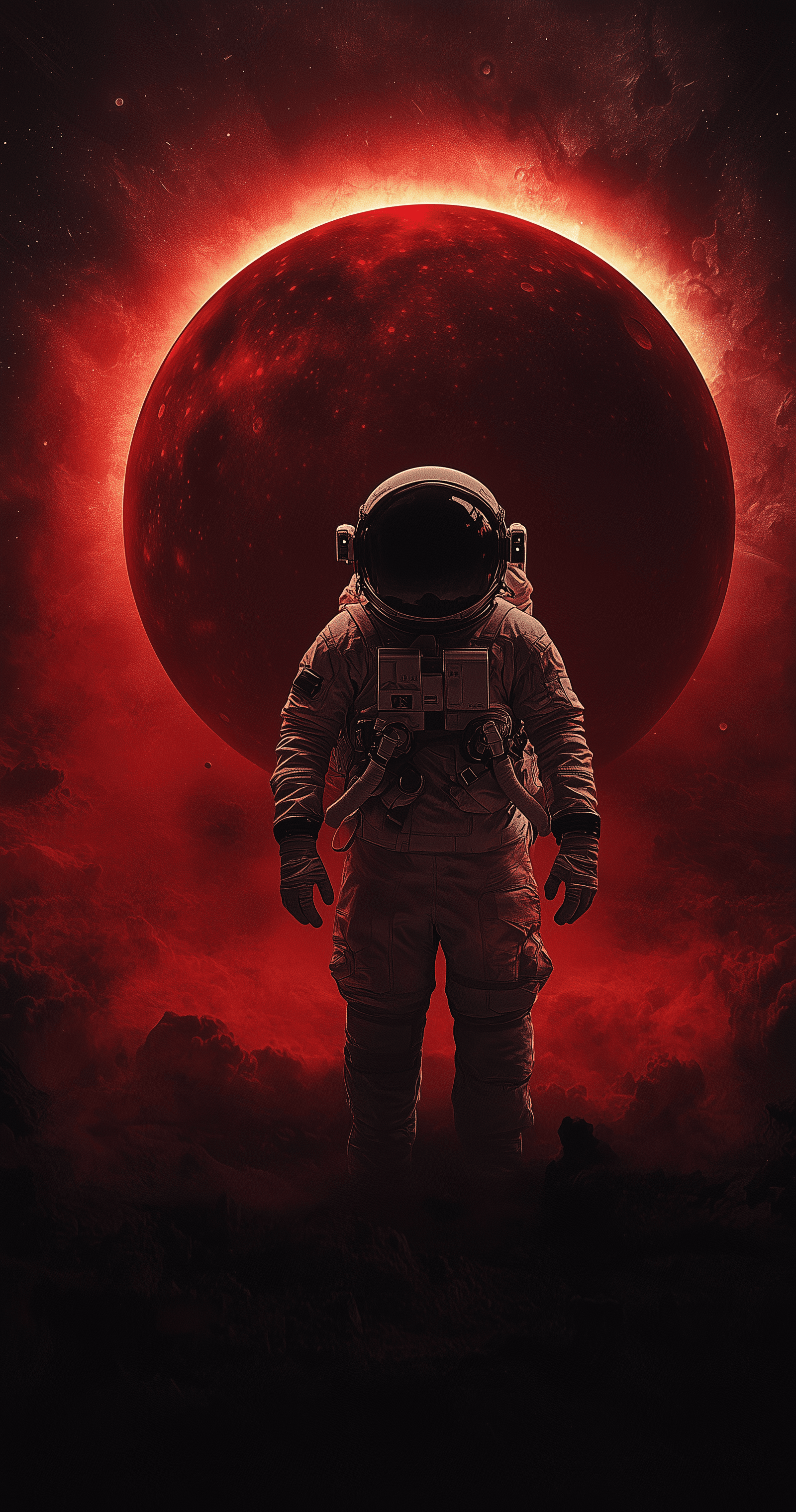 AI generated: A dark red planet with a black sky, an astronaut standing on the ground looking up at it, a dark atm...